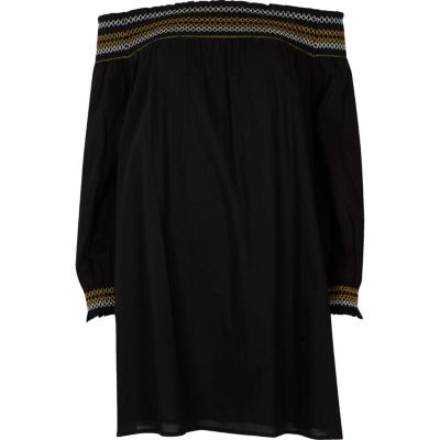 Black embroidered bardot smock dress